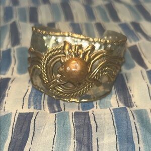 Vintage Brutalist Ornate Brass/Copper and Sterling Silver Cuff Bracelet